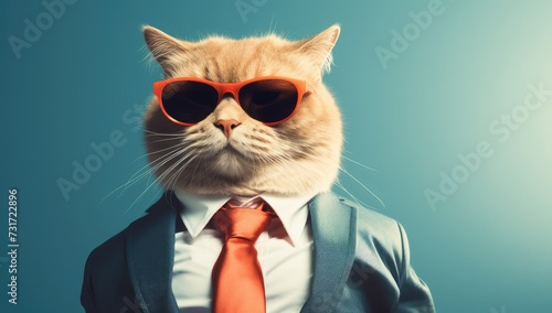 Funny cat in suit and red sunglasses on blue background. Toned.