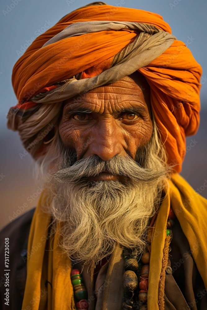AI generated illustration of a mature man wearing a traditional turban and a long beard