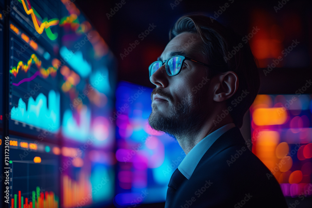 Businessman. A focused businessman in glasses studies complex stock market data visualizations on digital screens, reflecting financial analytics.