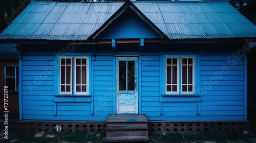 a blue cottage with a white door is shown with stairs