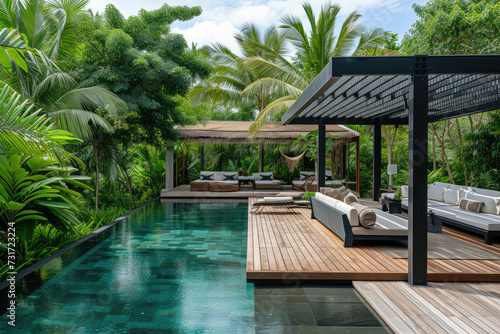 Interior design of a lavish side outside garden, with a teak hardwood deck and a black pergola. Scene day light with couches and lounge chairs by the pool, with many tropical trees © Kien