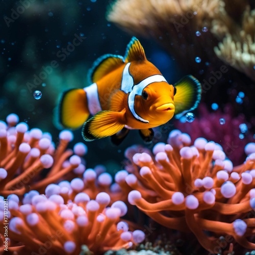 AI generated illustration of a small clownfish swimming among the coral reefs in the calm waters © Wirestock