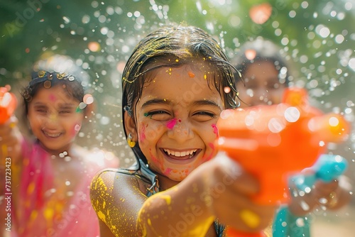 Youngsters enjoying Holi festivities with splashes of water and powder, set in a verdant garden under the afternoon sun © Fokasu Art