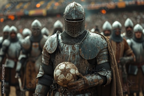 A knight in armor with a soccer ball in his hand stands on the football field before the game