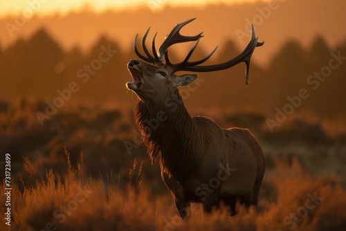 AI-generated illustration of a roaring red deer at sunrise.