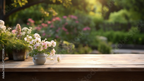 Morning garden flower background with wood table