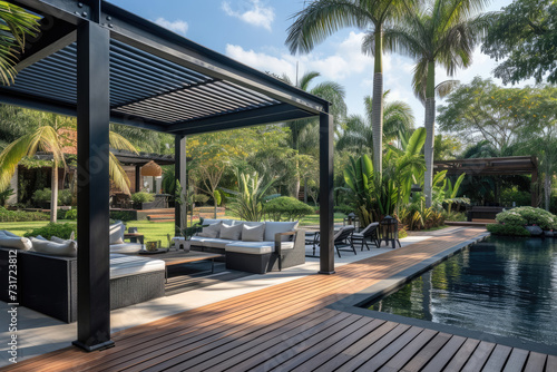 Interior design of a lavish side outside garden, with a teak hardwood deck and a black pergola. Scene day light with couches and lounge chairs by the pool, with many tropical trees © Kien
