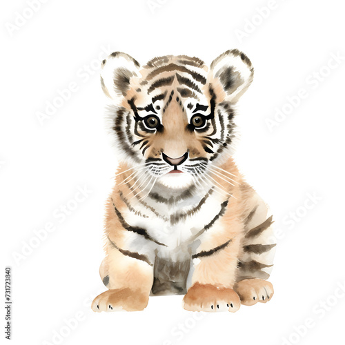 AI generated illustration of a watercolor painting of a cute tiger cub