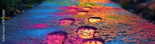 A path marked by colorful footprints invites attendees to a Holi celebration, symbolizing a journey of joy and anticipation