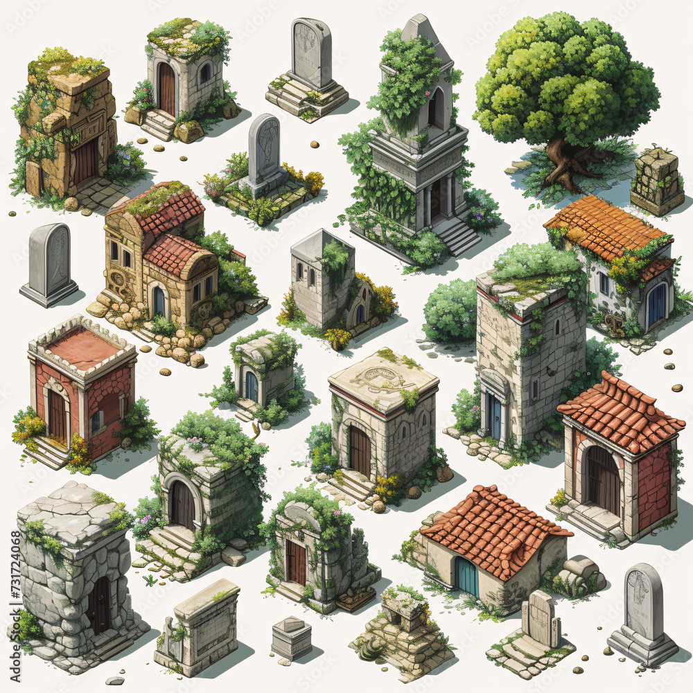 Fototapeta premium monestary with graveyard Games Assets Building and Environment Sprite Sheet