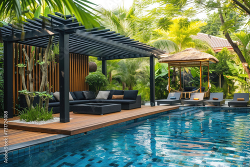 Interior design of a lavish side outside garden  with a teak hardwood deck and a black pergola. Scene day light with couches and lounge chairs by the pool  with many tropical trees