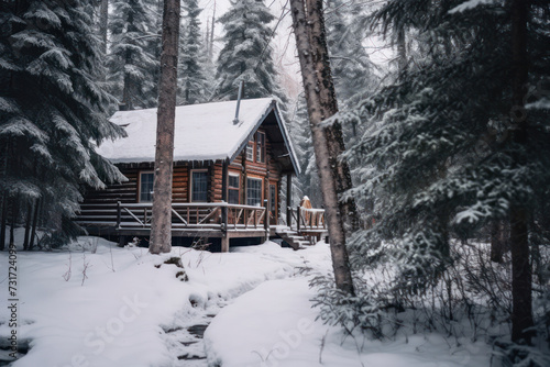 Winter Wonderland: A Cozy, Snow-Covered Cottage in Lapland Surrounded by Majestic Pine Trees and a Serene Frozen Landscape © SHOTPRIME STUDIO