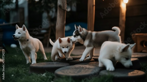 AI generated illustration of a group of adorable huskies playing together in a lush outdoor setting photo
