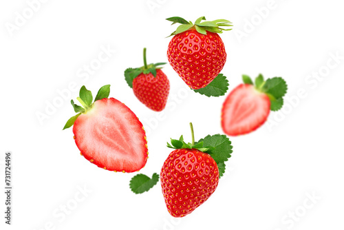 Strawberries and sliced strawberry flying in the air on transparent background