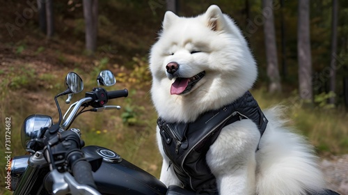 AI generated illustration of an adorable Samoyed dog on a motorcycle in a forest