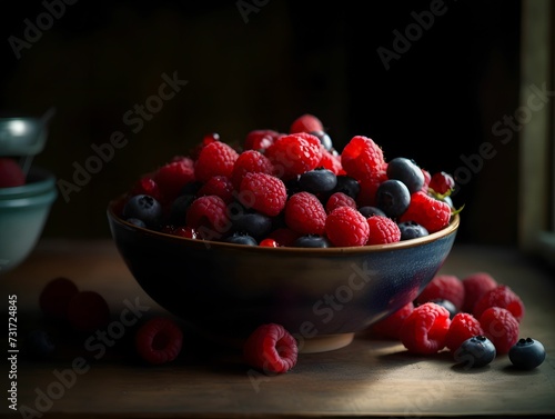 AI generated illustration of a bowl filled to the brim with ripe, juicy raspberries and blueberries