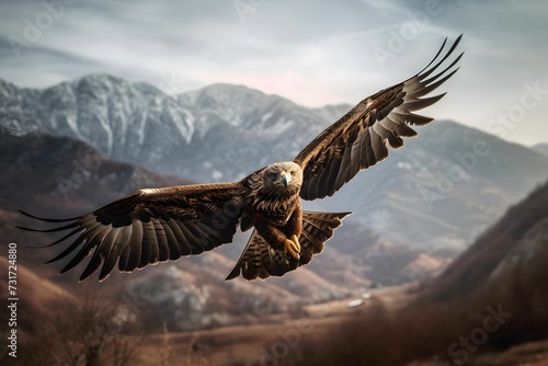 AI generated illustration of a brown falcon majestically soaring through the sky near a mountain