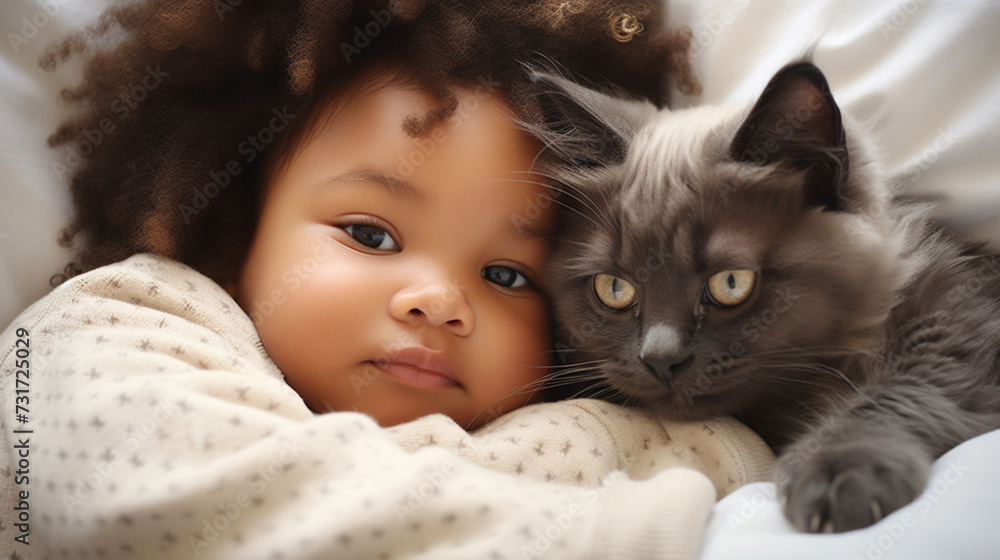 Small African child lies on a bed with a cat. Kitten and baby childhood friendship. Baby and cat. Child and Kitten lying together on the bed Small African child lies on a bed with a cat. Kitten and baby childhood friendship. Baby and cat. Child and Kitten lying together on the bed