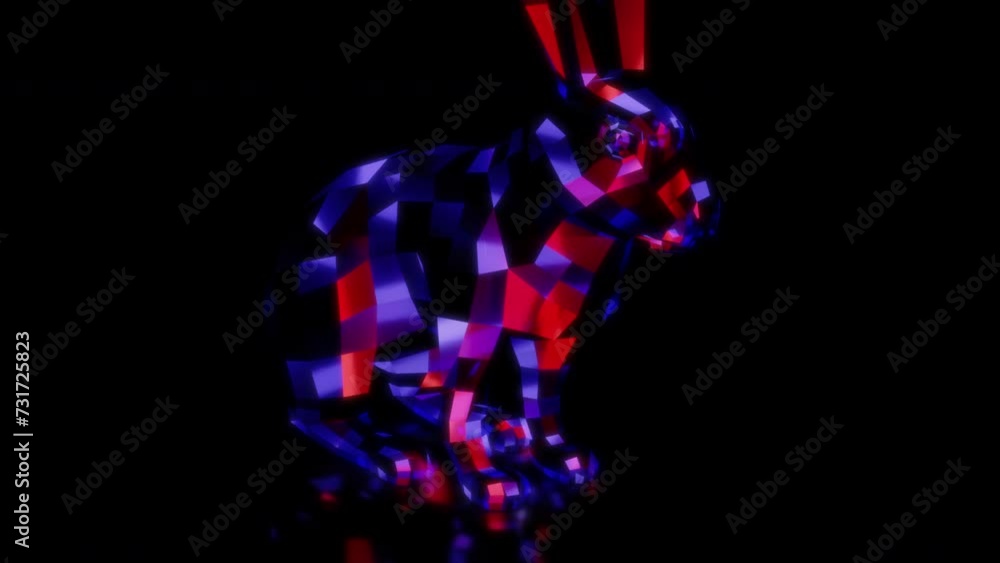 Rendering 3D animation, VISUAL EFFECTS Low Poly Cartoon Rabbit on a black background Rendering 3D animation, VISUAL EFFECTS Low Poly Cartoon Rabbit on a black background