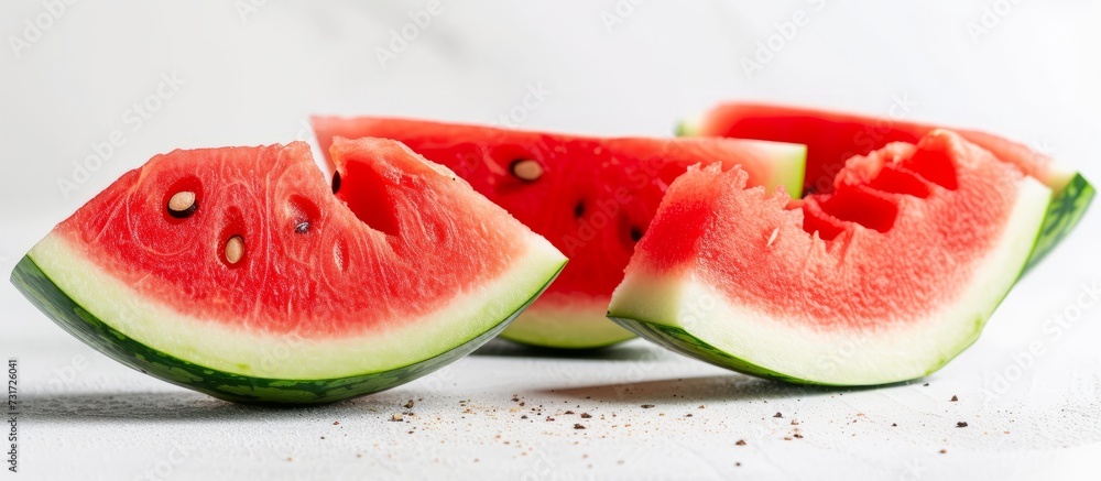 Three slices of fresh watermelon, a delicious fruit from the Citrullus plant, are placed on a white surface. Enjoy this refreshing and natural food product! Three slices of fresh watermelon, a delicious fruit from the Citrullus plant, are placed on a white surface. Enjoy this refreshing and natural food product!