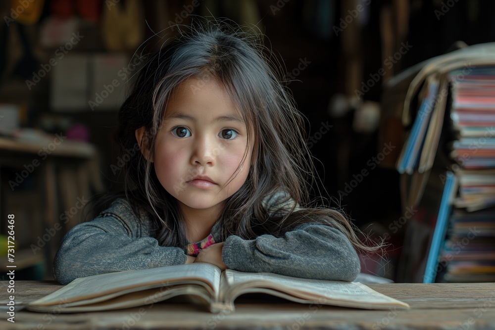 A little girl is seated at a table, engrossed in an open book in front of her, capturing a moment of concentration and curiosity. A little girl is seated at a table, engrossed in an open book in front of her, capturing a moment of concentration and curiosity.