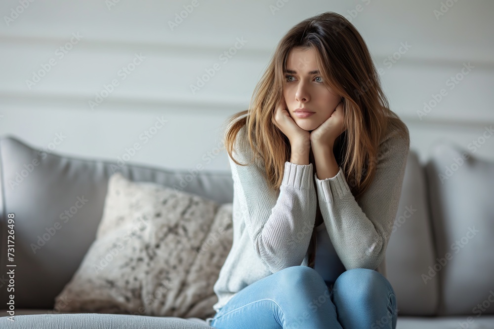 A young adult woman, with a gesture of anger and disgust, alone, wearing a gray sweater. A young adult woman, with a gesture of anger and disgust, alone, wearing a gray sweater.