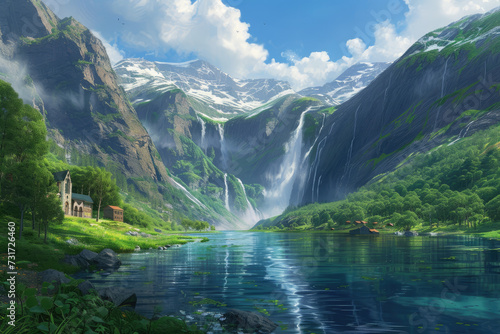 river valley with waterfalls in a mountain valley