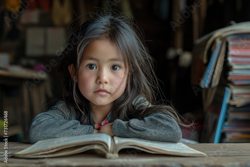 A little girl is seated at a table, engrossed in an open book in front of her, capturing a moment of concentration and curiosity.