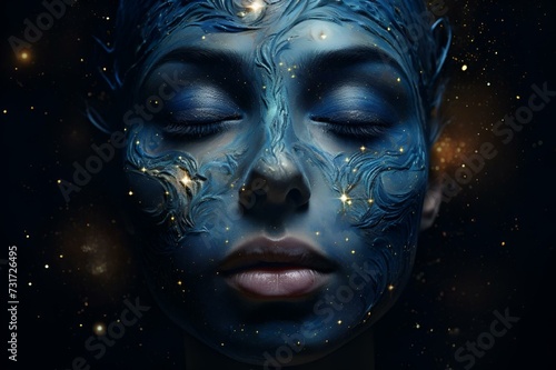 AI-generated illustration of a woman s face painted in deep blue shades with a cosmic atmosphere