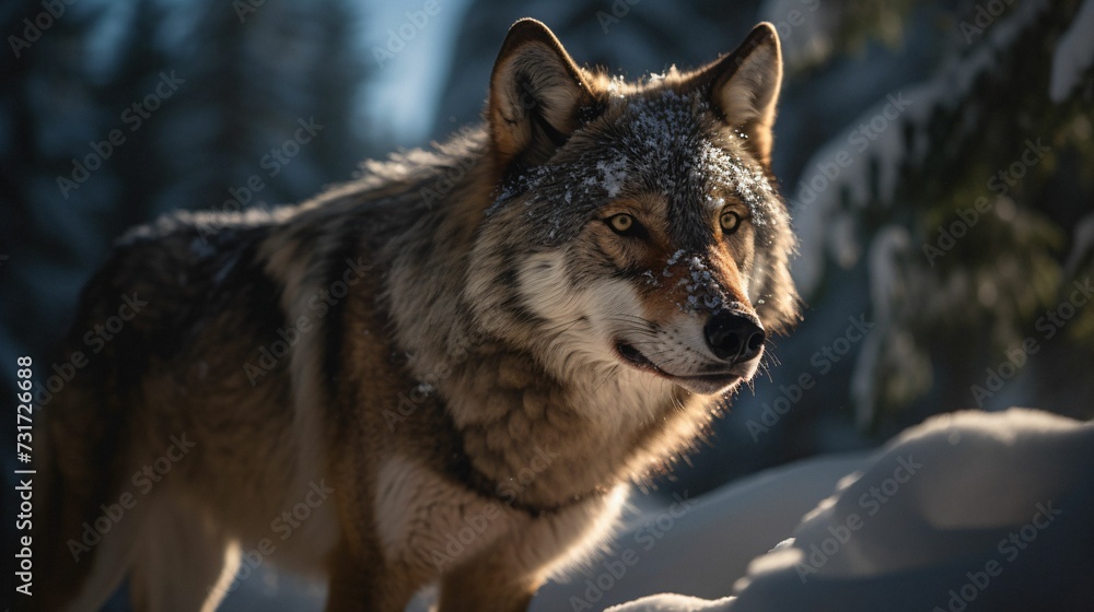 AI generated illustration of a majestic gray wolf walking through a snow-covered forest