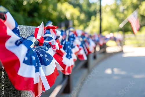 A bench holding a line of ribbons, alternating between red, white, and blue, neatly arranged in america for 4th July.