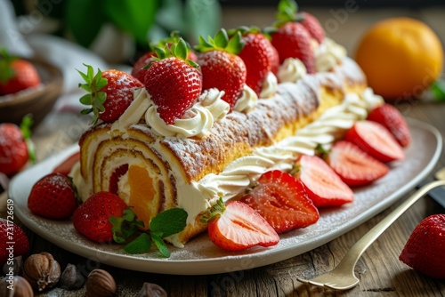 Sponge cake roll filled with cream  strawberries  and oranges  dusted with powdered sugar on ceramic plate