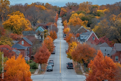 Snake Alley in Burlington Iowa, A street lined with houses and trees showcases vibrant autumn foliage. photo