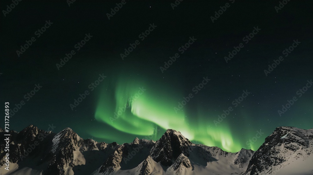 AI generated illustration of an aurora lighting up the night sky over snow-capped mountain