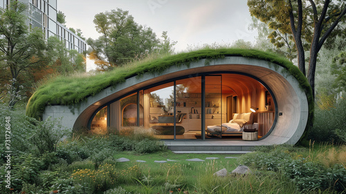 A compact urban dwelling with a green roof, seamlessly blending modern architecture with eco-friendly design principles. 