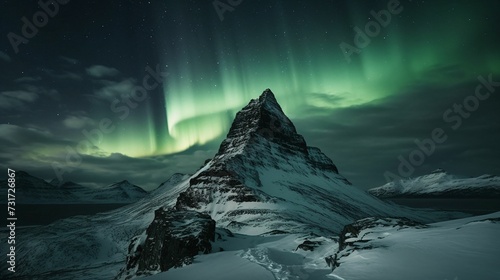 AI generated illustration of an aurora lighting up the night sky over snow-capped mountain
