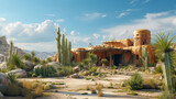 A desert oasis with adobe-style architecture, blending seamlessly with the arid landscape and clear blue skies. 
