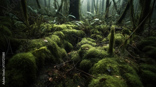 AI generated illustration of a beautiful bright green lush mossy forest floor