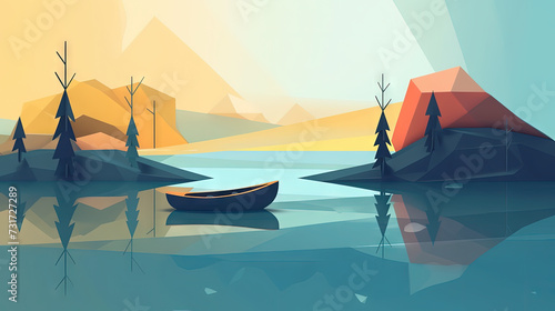 AI generated illustration of  a boat resting in the still waters of a tranquil lake