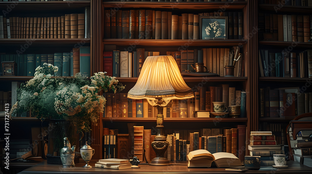 An antique bookshelf, with the soft glow of a reading lamp as the background, during a rainy day