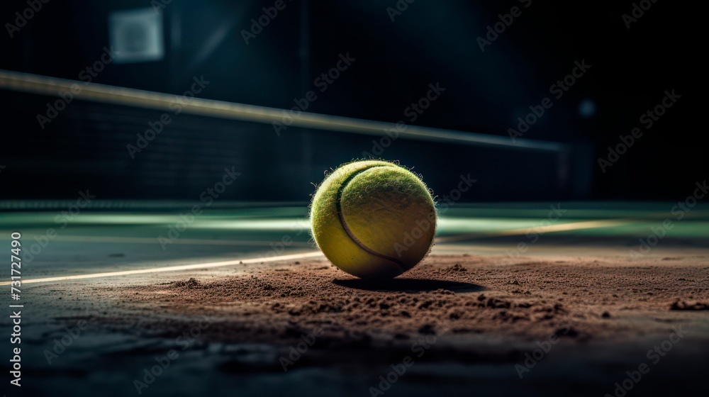 AI generated illustration of a tennis ball on the surface of a professional tennis court