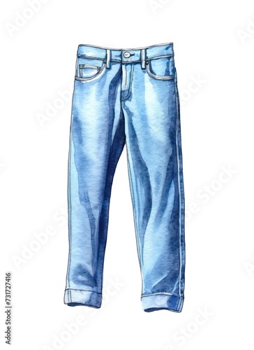Blue jeans isolated on white background in watercolor style.
