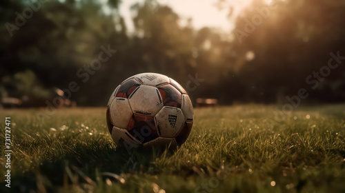 AI generated illustration of a black and white soccer ball standing in a lush green grass field
