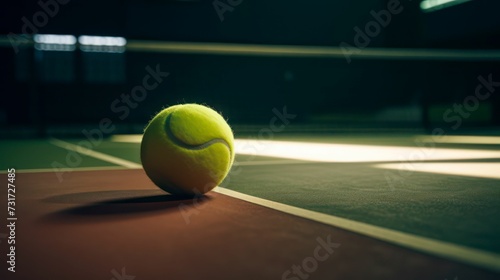 AI generated illustration of a tennis ball on the surface of a professional tennis court © Wirestock