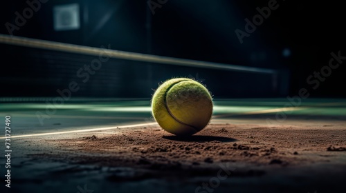 AI generated illustration of a tennis ball on the surface of a professional tennis court