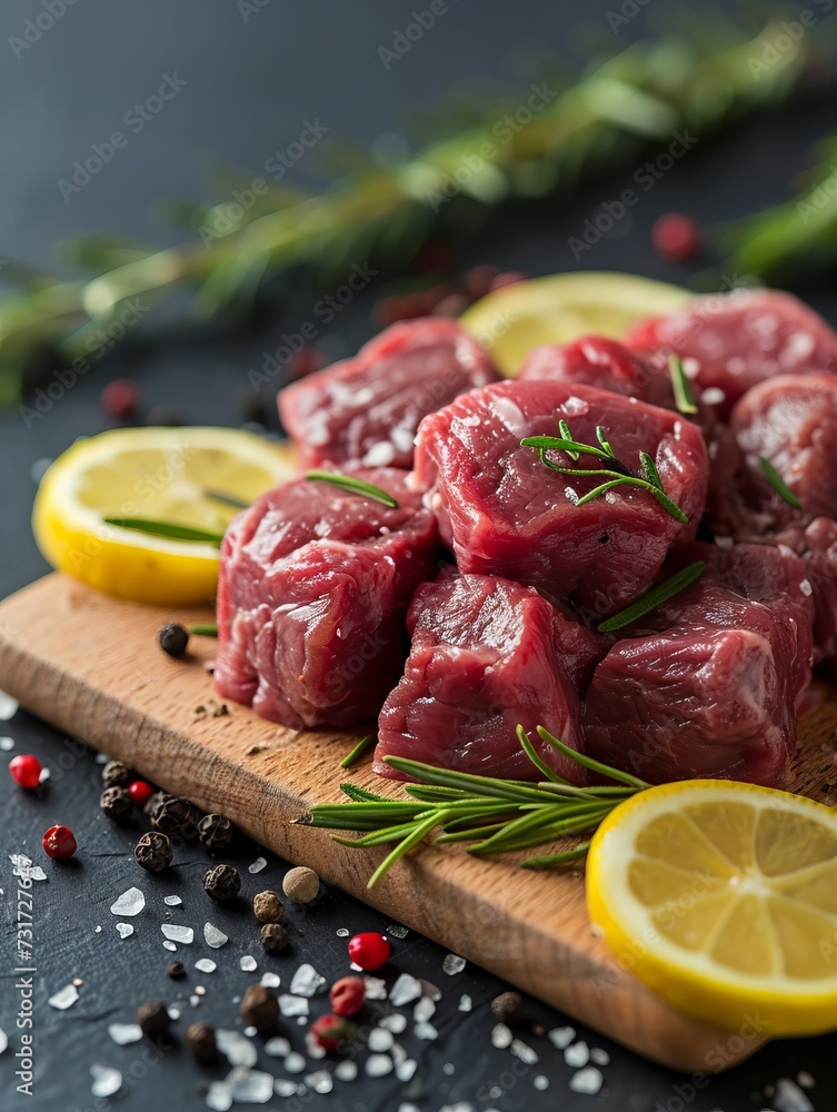 Close-up of fresh raw beef cubes with rosemary and slices of lemon on wooden board, against dark textured surface, ready for cooking