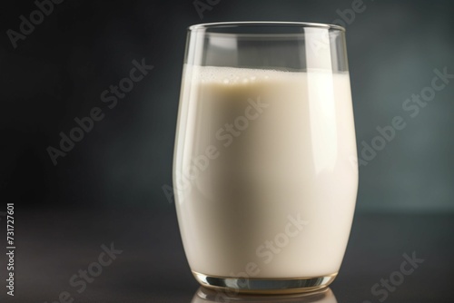 Plain transparent glass of creamy milk against a dark grey background
