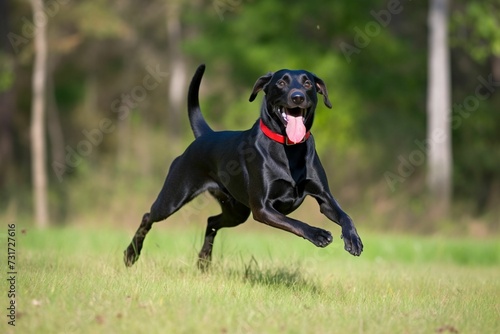 Black Labrador Retriever running with joy in a rural landscape with trees and bushes in the backdrop