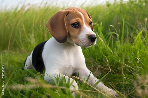 Close-up of an adorable beagle dog resting in a lush green grassy field