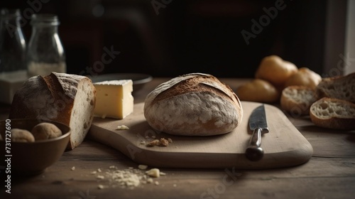 AI generated illustration of A freshly cooked bread on a wooden cutting board
